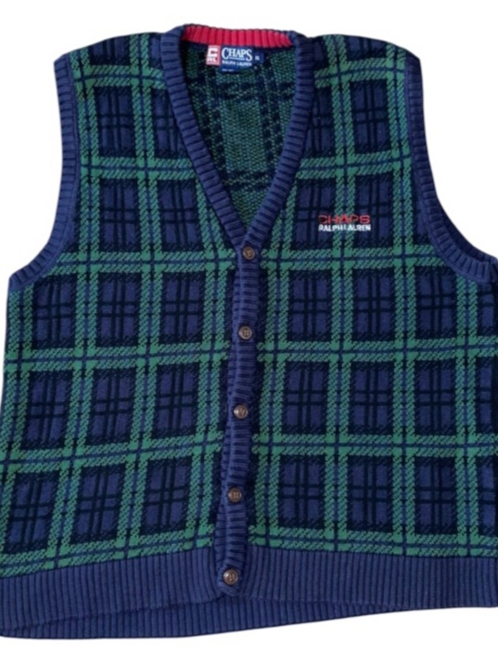CHAPS Open-front Cotton Knit Vest by Ralph Lauren Green Navy Blue Adult XL (DB2)
